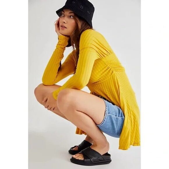 FREE PEOPLE Yellow Ruby Ribbed Split Open Front Long Sleeve Tunic Top - Picture 1 of 6